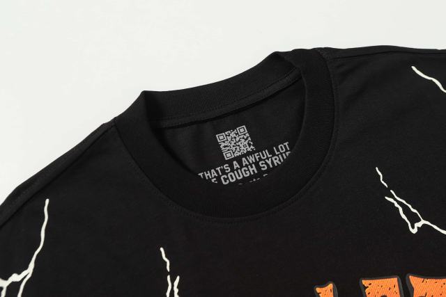 Cough Syrup Bear Holding Syrup Cup Flame Outline Arch Letter Front Orange Red Gradient 3D Block Letter Slogan Print Tee 29303918