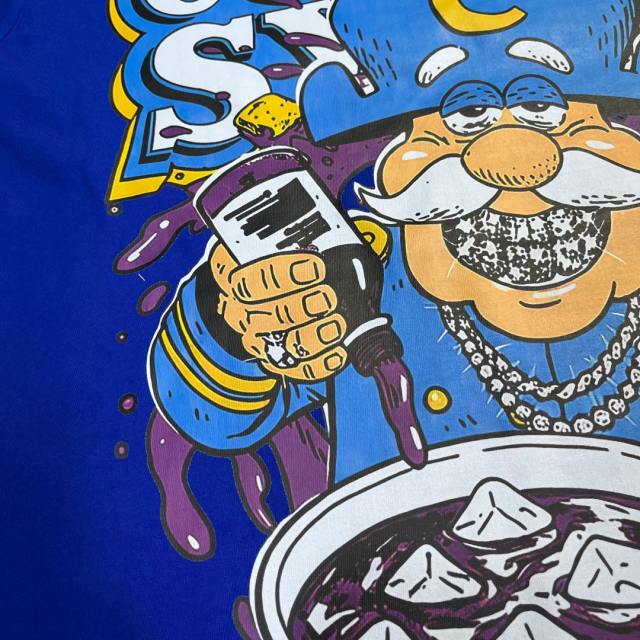 Cough Syrup West Coast Casual Fashion Bright Royal Blue Captain Mascot Pour Syrup Graffiti Bubble Font Print T-Shirt 29344090