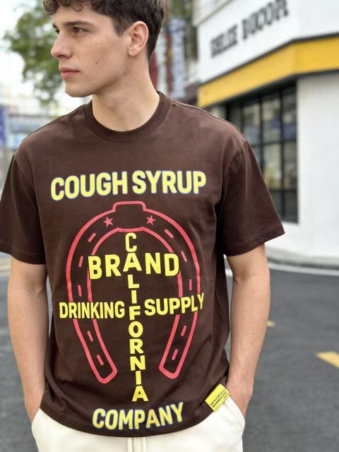 Cough Syrup California Western Horseshoe Brand Text Front Bucking Bronco Lightning Stacked Slogan Printed Tee 29290068