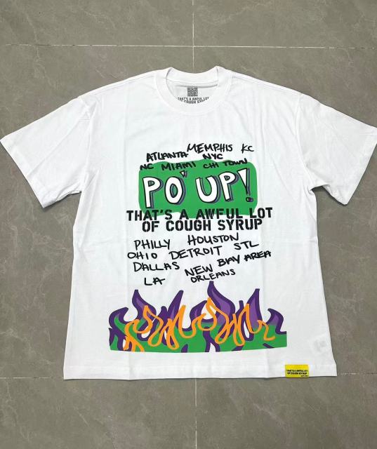 Cough Syrup PO' UP US City Name List Green Box Text Gradient Flame Front Purple Syrup Dripping Disposable Cup Print Tee 2 colors 29303911