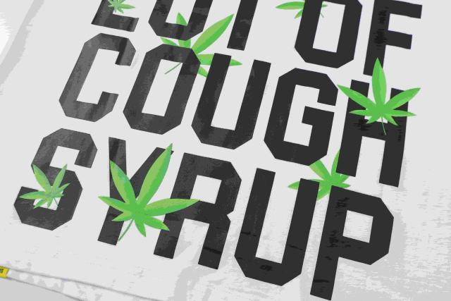 Cough Syrup Minimal Street Green Hemp Leaf Accent Horizontal Slogan Front Large Vertical Bold Segmented Letter Tee 2 colors 29302254