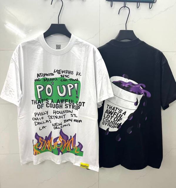 Cough Syrup PO' UP US City Name List Green Box Text Gradient Flame Front Purple Syrup Dripping Disposable Cup Print Tee 2 colors 29303911