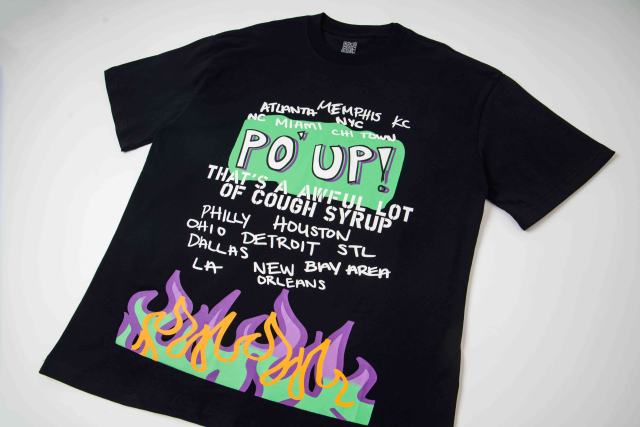 Cough Syrup PO' UP US City Name List Green Box Text Gradient Flame Front Purple Syrup Dripping Disposable Cup Print Tee 2 colors 29303911