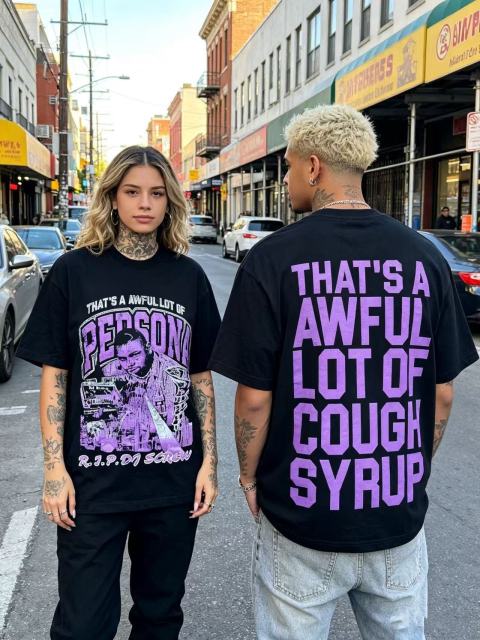 Cough Syrup Purple Faded Grainy DJ Screw Tribute RIP Memorial Persona Gothic Font Portrait Graphic Print Tee 29303823