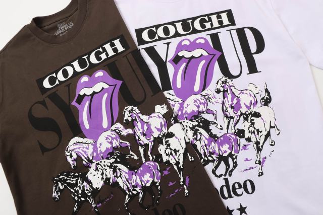 Cough Syrup Running Horses Purple Tongue Split Letter Front Full Stacked Slogan Back Tee 2 colors 29290051