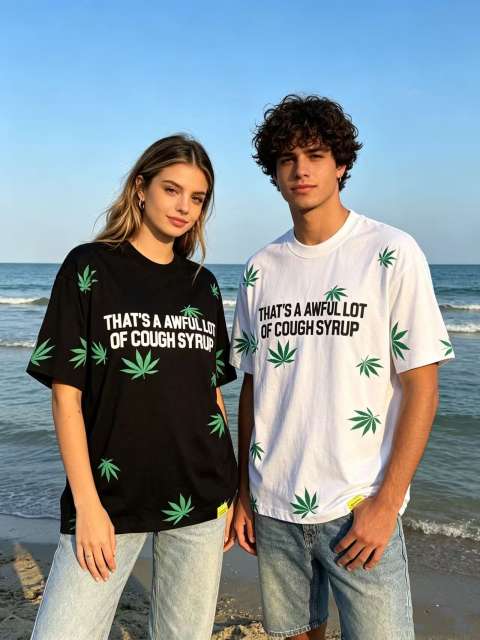 Cough Syrup Scattered Leaf All Over Print Front Small Slogan Back Big Stacked Text Tee 2 colors 29288645