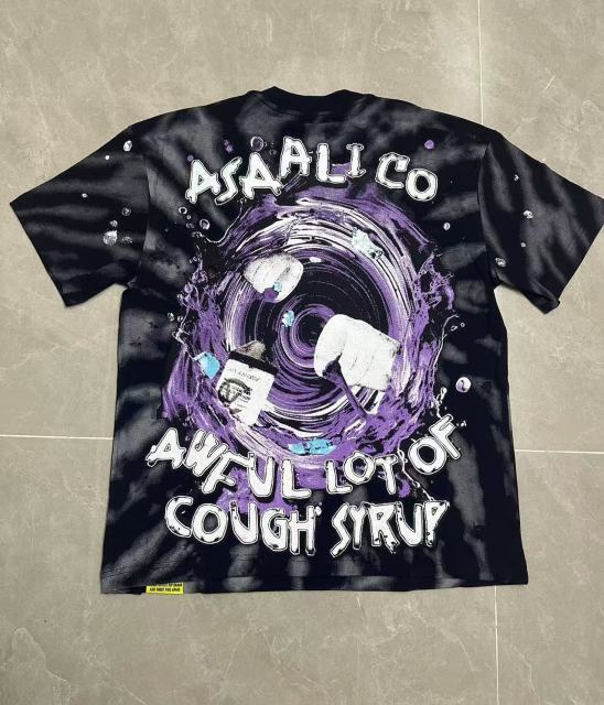 Cough Syrup Trippy Purple Liquid Splash Vortex Graphic Two Sided Print Black Spiral Tie Dye Unisex Tee 29303783