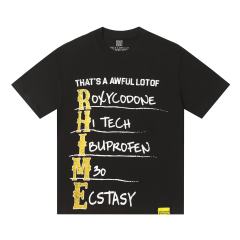 Cough Syrup Vertical Stacked Pharmacy Words Front Large Faded Gold Block Letter Slogan Print Tee 29303867