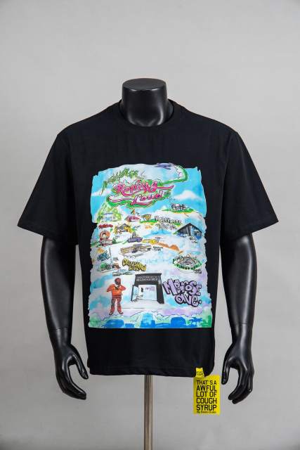 Cough Syrup West Coast Hip Hop Streetwear Front Rolling Loud City Map Landmark Character Multicolor Cartoon Illustration Print Back Green Outline Flame Wavy Oversized T-Shirt 29343931