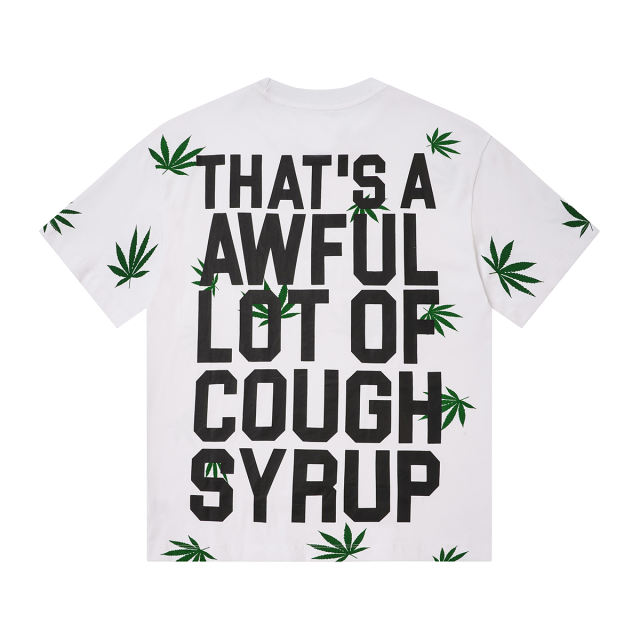 Cough Syrup Scattered Leaf All Over Print Front Small Slogan Back Big Stacked Text Tee 2 colors 29288645