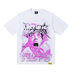 Cough Syrup Screaming Horror Portrait Distressed Bottom Text Front Pink Circular Ring Demon Silhouette Graphic Print Tee 2 colors 29303988