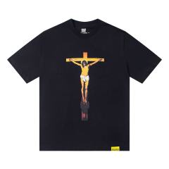 Cough Syrup Jesus Crucifix Portrait Front Large Bold Block Letter FREE JEFF Back Double Sided Print Tee 29303891