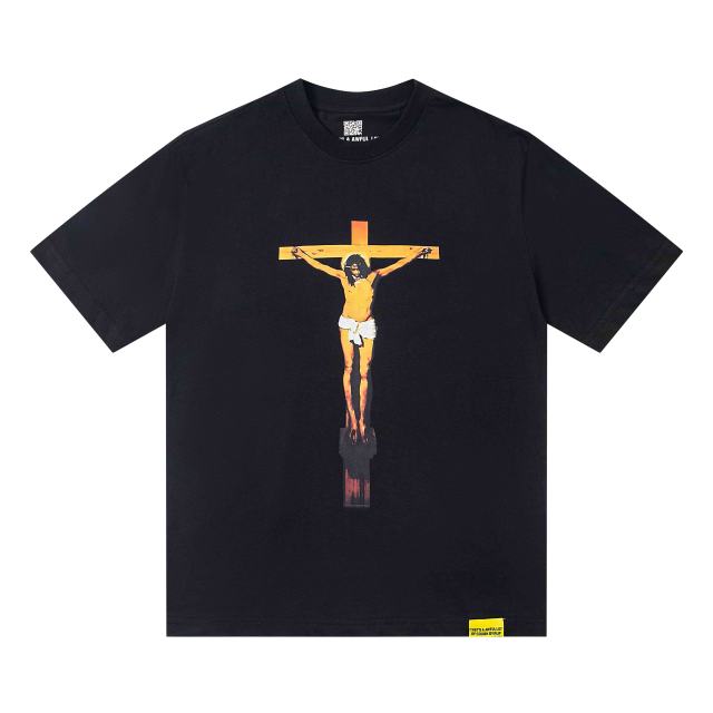 Cough Syrup Jesus Crucifix Portrait Front Large Bold Block Letter FREE JEFF Back Double Sided Print Tee 29303891