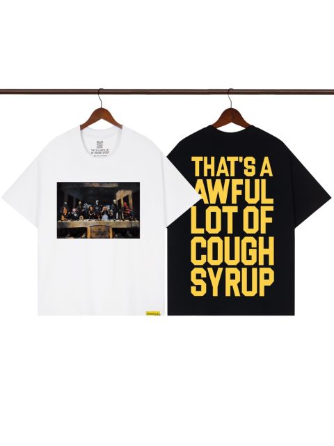 Cough Syrup Pop Hip Hop Streetwear Front Cartoon Characters Last Supper Oil Painting Back Large Bold Yellow Block Letter Print T-Shirt 2 colors 29345276