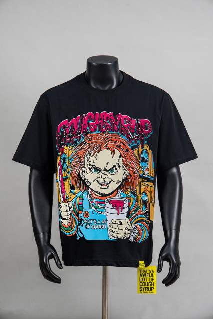 Cough Syrup Horror Hip Hop Streetwear Front Chucky Doll Knife Syrup Cup Drip Graffiti Letter Cartoon Print Oversized T-Shirt 29344001