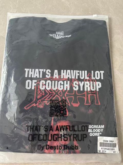 Cough Syrup Red Hue Grim Reaper Group Portrait Gothic Death Letter Front Large Orange Bold Block Slogan Print Tee 29303887