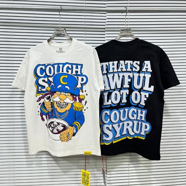 Cough Syrup Cartoon Hip Hop Streetwear Front Captain Character Pouring Purple Syrup Bowl Bottle Chain 3D Outline Letter Graphic Oversized T-Shirt 2 colors 29344019
