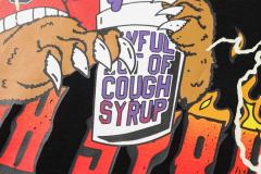 Cough Syrup Bear Holding Syrup Cup Flame Outline Arch Letter Front Orange Red Gradient 3D Block Letter Slogan Print Tee 29303918