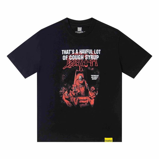 Cough Syrup Red Hue Grim Reaper Group Portrait Gothic Death Letter Front Large Orange Bold Block Slogan Print Tee 29303887