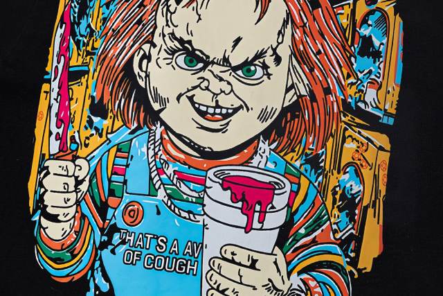 Cough Syrup Horror Hip Hop Streetwear Front Chucky Doll Knife Syrup Cup Drip Graffiti Letter Cartoon Print Oversized T-Shirt 29344001