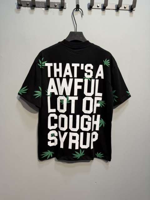 Cough Syrup Scattered Leaf All Over Print Front Small Slogan Back Big Stacked Text Tee 2 colors 29288645