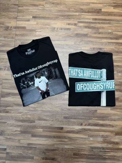 Cough Syrup Hip Hop Streetwear Street Vendor Figure Print Back Split Text Street Sign Design Tee 2 colors 29288641