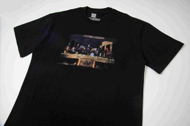 Cough Syrup The Last Supper Hip Hop Rapper Group Remake Painting Front Large Bold Yellow Block Letter Slogan Print Tee 29303902