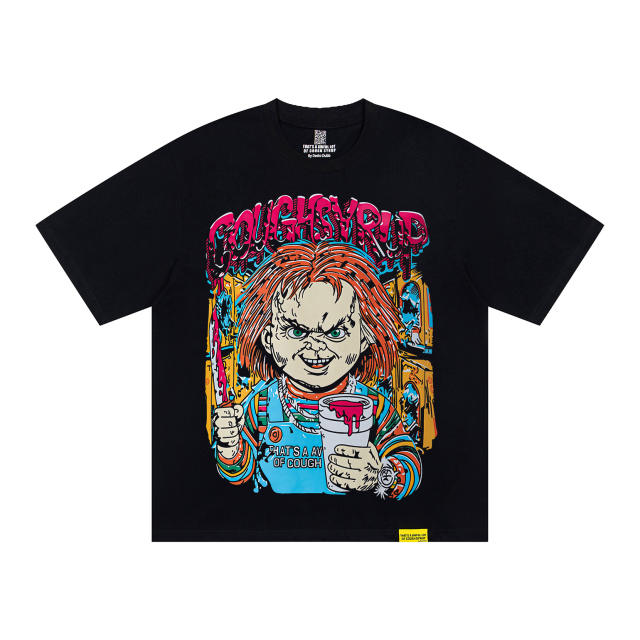 Cough Syrup Horror Hip Hop Streetwear Front Chucky Doll Knife Syrup Cup Drip Graffiti Letter Cartoon Print Oversized T-Shirt 29344001