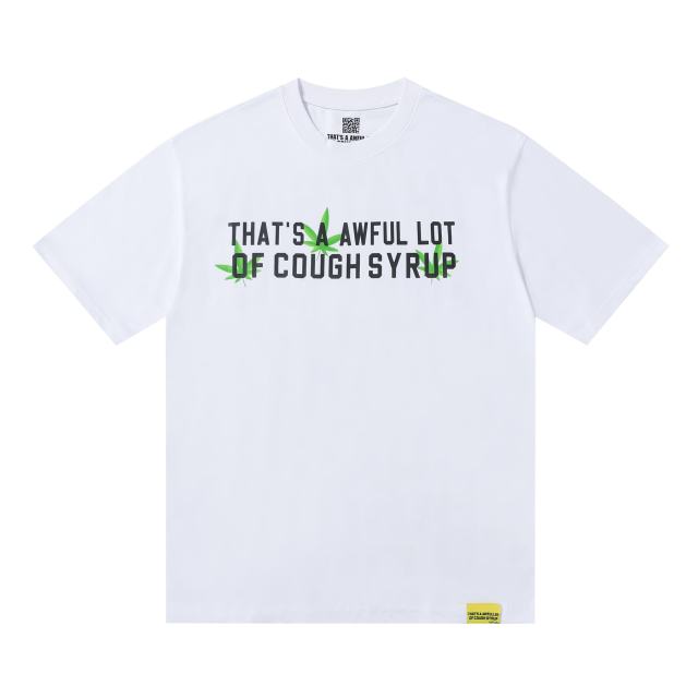 Cough Syrup Minimal Street Green Hemp Leaf Accent Horizontal Slogan Front Large Vertical Bold Segmented Letter Tee 2 colors 29302254