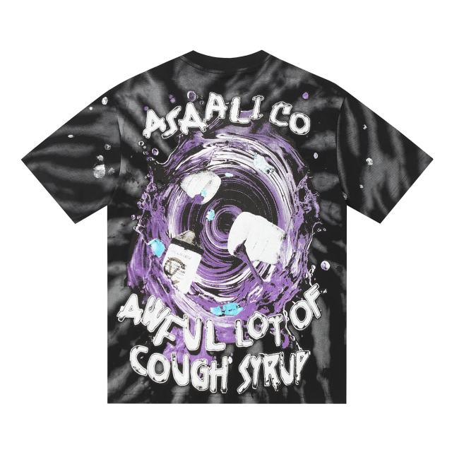 Cough Syrup Trippy Purple Liquid Splash Vortex Graphic Two Sided Print Black Spiral Tie Dye Unisex Tee 29303783