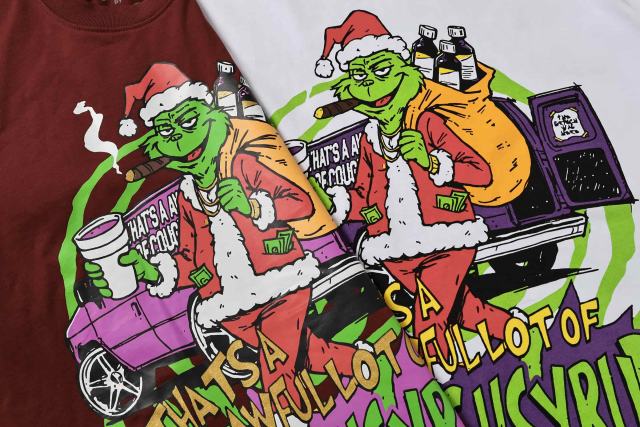 Cough Syrup Christmas Hip Hop Cartoon Grinch Lowrider Car Graphic Front Bubble Outline Stacked Slogan Tee 2 colors 29302084
