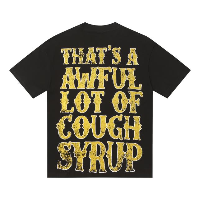 Cough Syrup Vertical Stacked Pharmacy Words Front Large Faded Gold Block Letter Slogan Print Tee 29303867