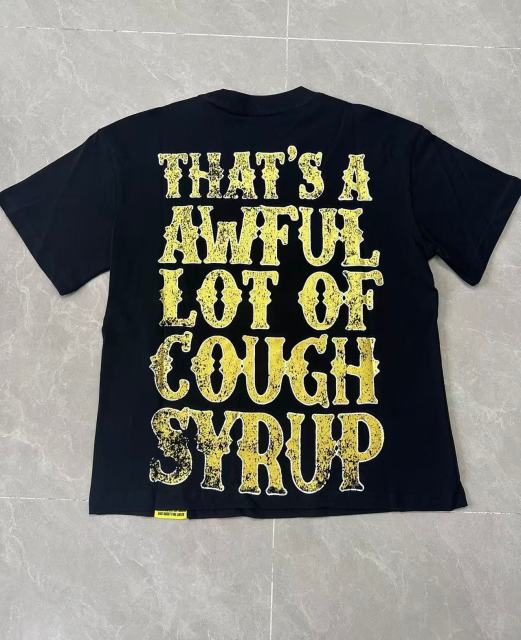 Cough Syrup Vertical Stacked Pharmacy Words Front Large Faded Gold Block Letter Slogan Print Tee 29303867