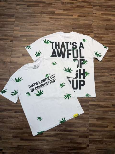 Cough Syrup Scattered Leaf All Over Print Front Small Slogan Back Big Stacked Text Tee 2 colors 29288645