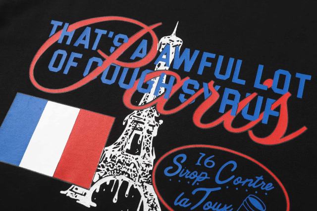 Cough Syrup Eiffel Tower France Flag Travel Stamp Graphic Front Large Bold Blue Stacked Letter Tee 2 colors 29290156