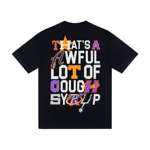 Cough Syrup Y2K Modern Street Front Tiny Star Accent Multicolor Letter Back Big Mixed Color Stacked Text Print T-Shirt 29345354