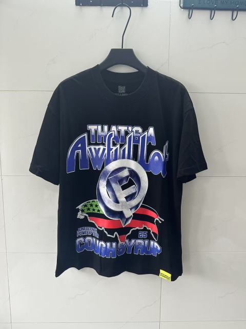 Cough Syrup Hip Hop Streetwear Gothic Stacked Letter Slogan USA Continent Map Emblem Badge Double Side Tee 29303789