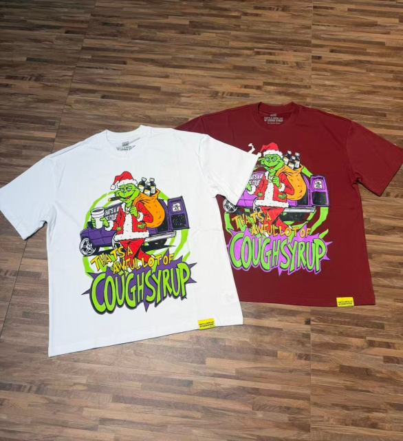 Cough Syrup Christmas Hip Hop Cartoon Grinch Lowrider Car Graphic Front Bubble Outline Stacked Slogan Tee 2 colors 29302084