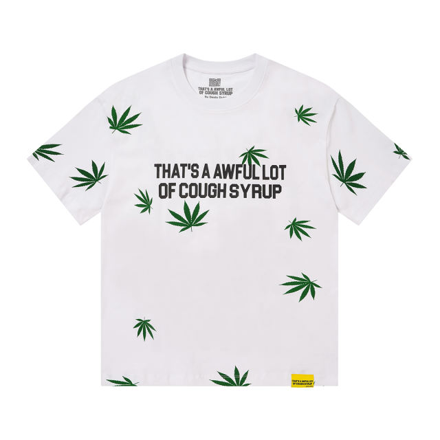 Cough Syrup Scattered Leaf All Over Print Front Small Slogan Back Big Stacked Text Tee 2 colors 29288645
