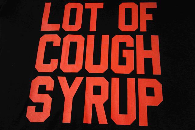 Cough Syrup Red Hue Grim Reaper Group Portrait Gothic Death Letter Front Large Orange Bold Block Slogan Print Tee 29303887