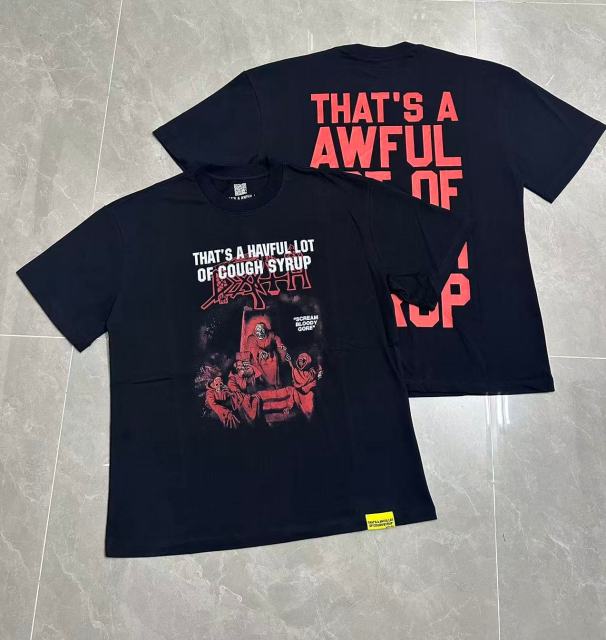 Cough Syrup Red Hue Grim Reaper Group Portrait Gothic Death Letter Front Large Orange Bold Block Slogan Print Tee 29303887