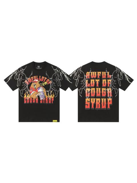 Cough Syrup Bear Holding Syrup Cup Flame Outline Arch Letter Front Orange Red Gradient 3D Block Letter Slogan Print Tee 29303918