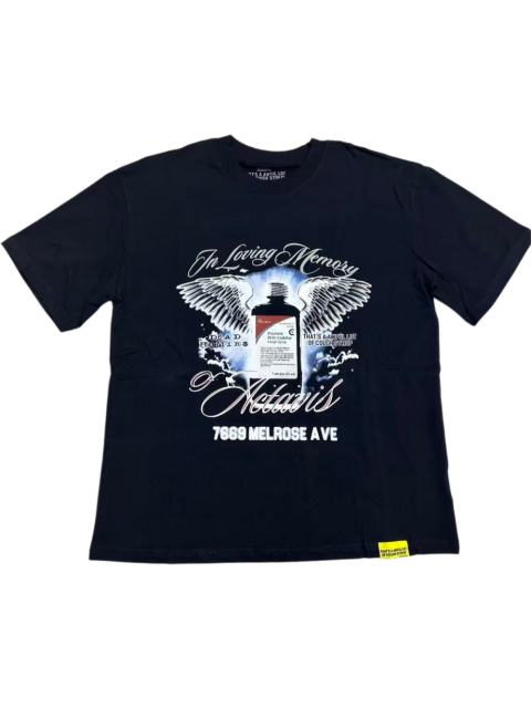 Cough Syrup Tribute Memorial Cursive Script Angel Wing Bottle Graphic Back Blue Block Letter Overlay Graffiti Tee 29303858
