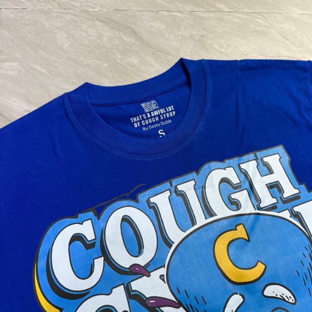 Cough Syrup West Coast Casual Fashion Bright Royal Blue Captain Mascot Pour Syrup Graffiti Bubble Font Print T-Shirt 29344090