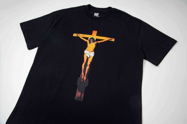 Cough Syrup Jesus Crucifix Portrait Front Large Bold Block Letter FREE JEFF Back Double Sided Print Tee 29303891