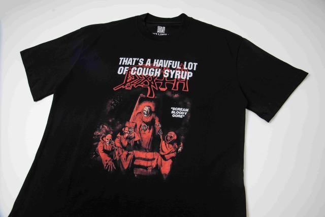 Cough Syrup Red Hue Grim Reaper Group Portrait Gothic Death Letter Front Large Orange Bold Block Slogan Print Tee 29303887