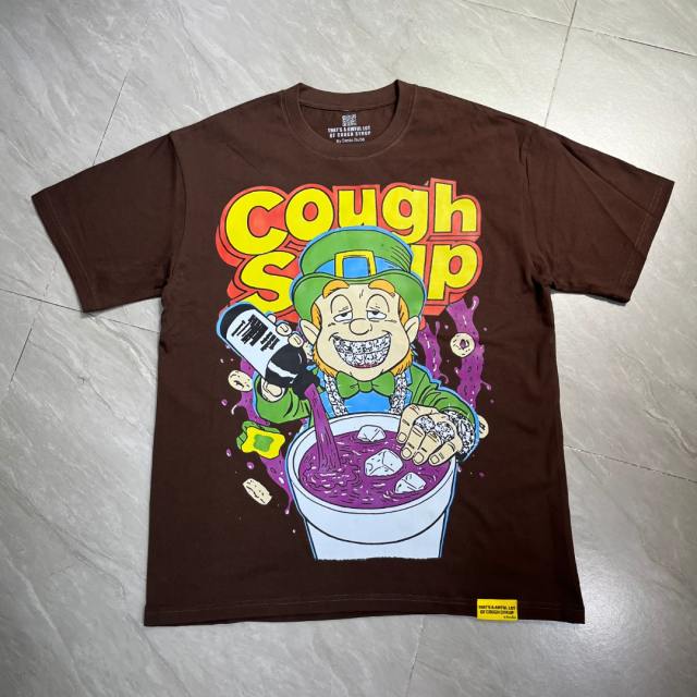 Cough Syrup West Coast Casual Fashion Chocolate Brown Laid Back Leprechaun Mascot Pour Syrup Graffiti Bubble Font Print T-Shirt 29344165