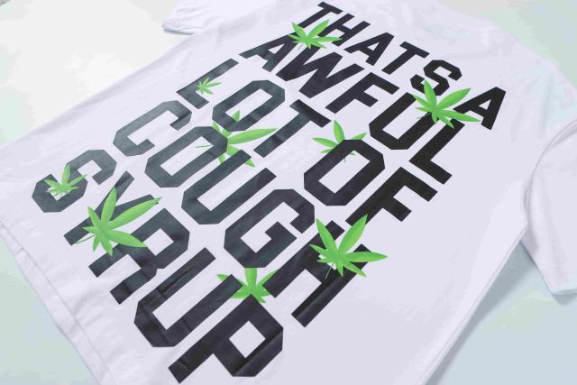 Cough Syrup Minimal Street Green Hemp Leaf Accent Horizontal Slogan Front Large Vertical Bold Segmented Letter Tee 2 colors 29302254