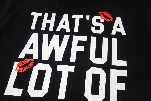 Cough Syrup Lip Print Decorated Front Small Text Back Stacked Bold Letter Cursive Word Print Tee 29303861
