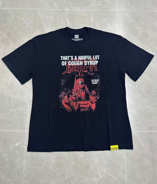 Cough Syrup Red Hue Grim Reaper Group Portrait Gothic Death Letter Front Large Orange Bold Block Slogan Print Tee 29303887